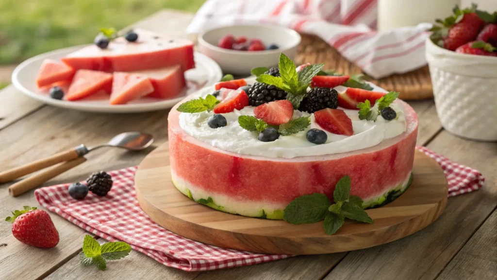 No-Bake Watermelon Cake with Yogurt Frosting