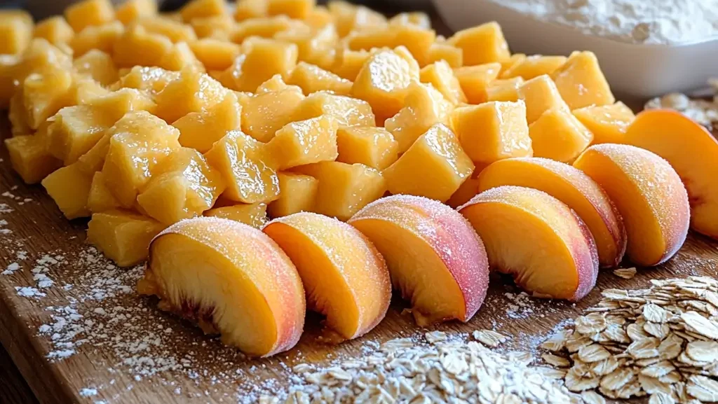 Fresh peaches being sliced for Peach Crisp with Oatmeal Topping, with oats, sugar, and butter laid out, ready to make a golden, crispy dessert.