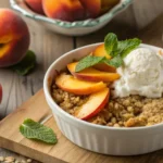 Serving peach crisp with a dollop of cream