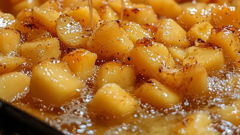 Fresh peaches being diced for Peach Fritters with Vanilla Glaze, with batter ingredients being mixed for a delicious treat