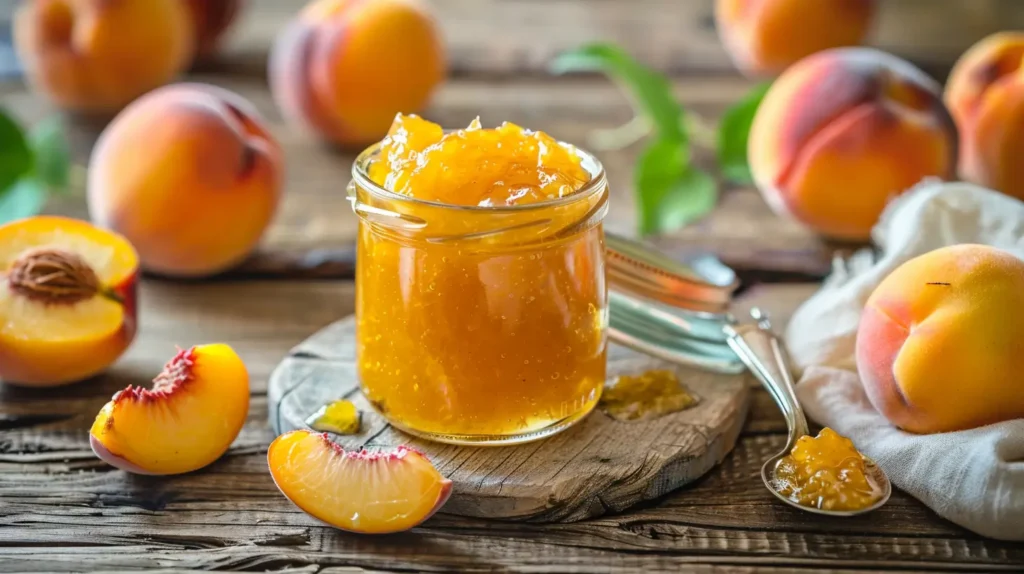 3-Ingredient Peach Jam Without Pectin in a rustic jar