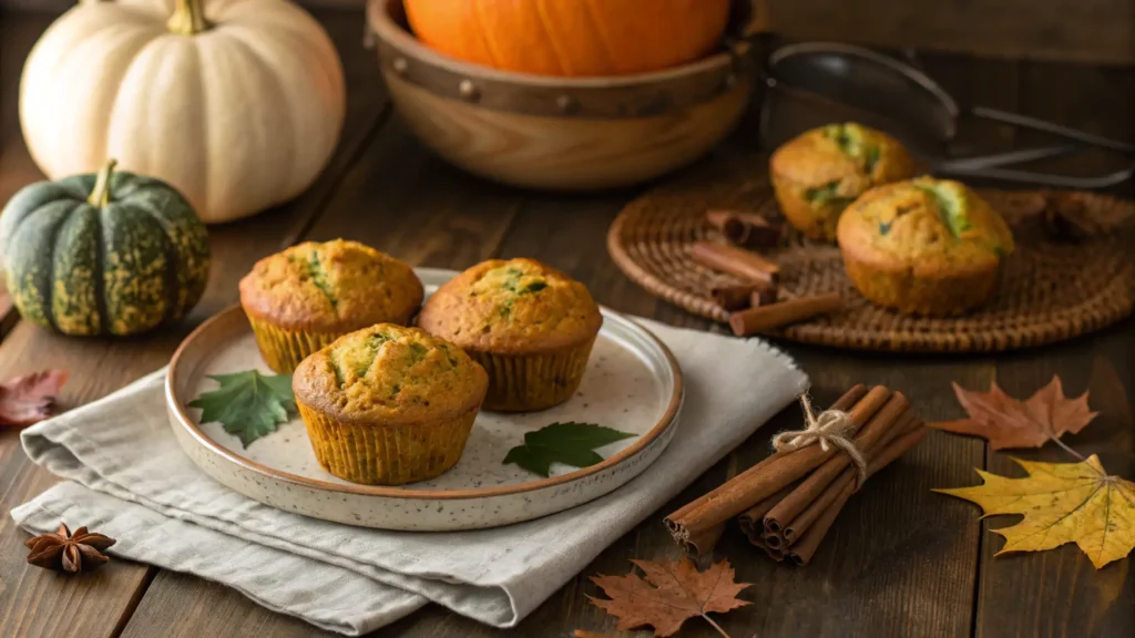 Fresh pumpkin zucchini muffins with golden tops and cozy fall decor