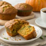 Cut-open pumpkin zucchini muffin showing soft, moist interior with veggie flecks
