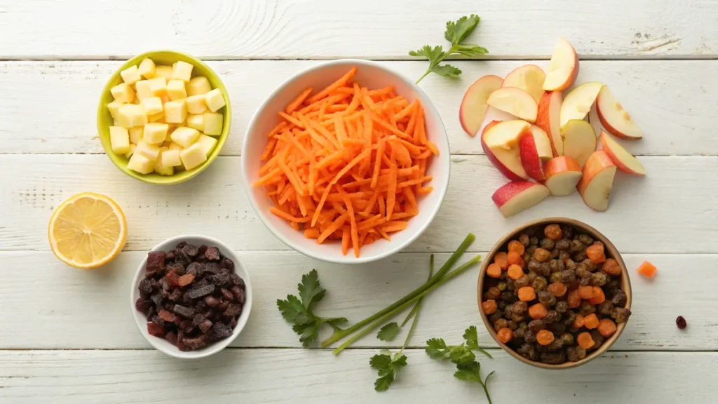 Ingredients for Carrot Apple Raisin Salad