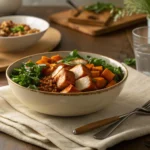 Served healthy turkey sweet potato bowl