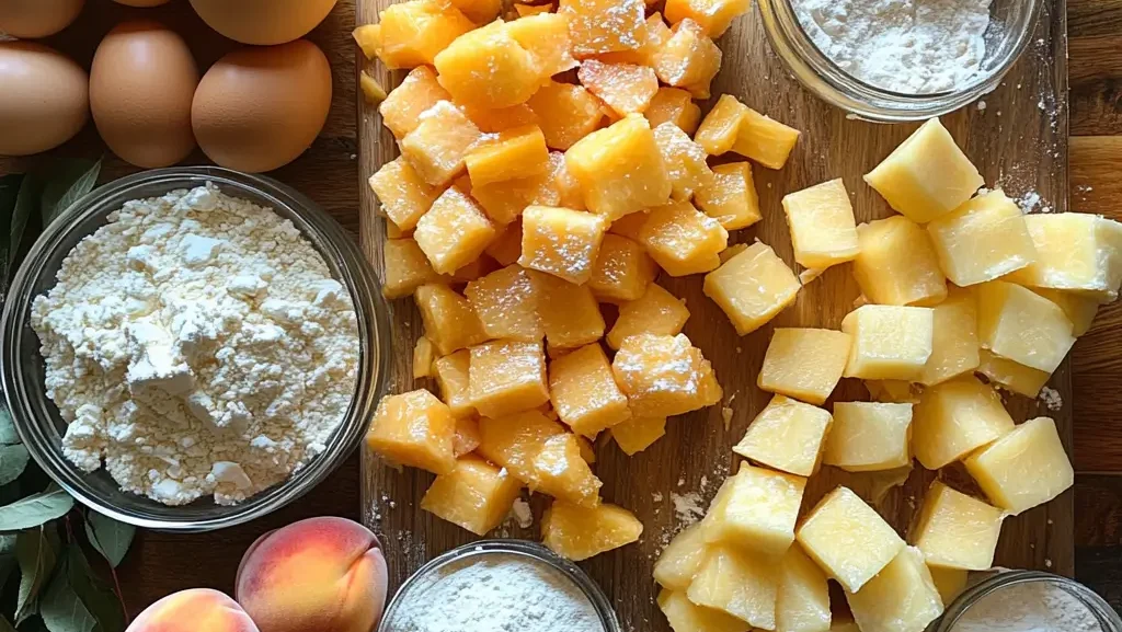 Fresh peaches being chopped for an easy Southern Peach Bread recipe, with ingredients like flour, sugar, and eggs laid out, ready for baking