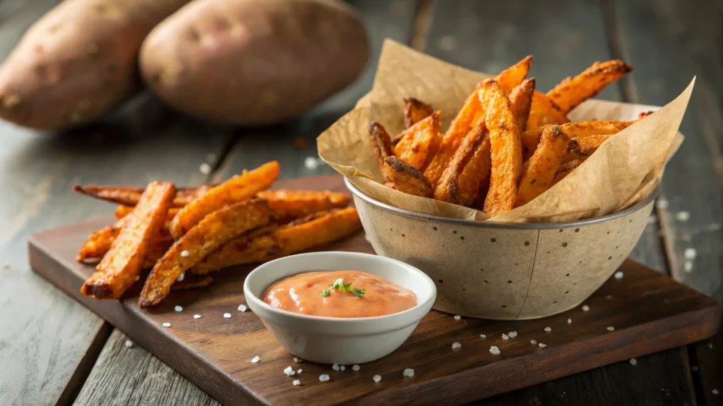 Crispy sweet potato fries with dipping sauce