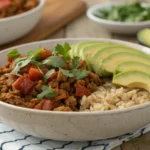 ground turkey skillet plated with rice and toppings