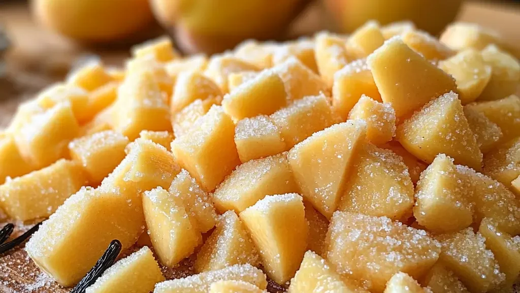 Fresh peaches being peeled and chopped for Vanilla Peach Jam, with sugar and vanilla beans nearby in preparation for making homemade jam.
