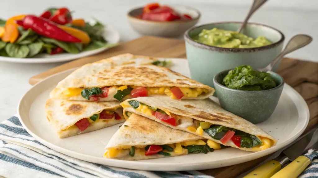 Veggie quesadillas with salsa and guacamole