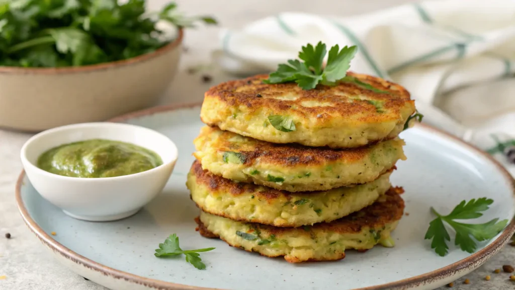 Crispy zucchini fritters served with dipping sauce