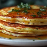 Golden, fluffy zucchini bread pancakes stacked high with honey drizzle and fresh zucchini ribbons on top, creating a wholesome and flavorful breakfast.