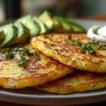 Golden crispy keto zucchini pancakes served with a side of creamy avocado and sour cream, offering a low-carb, savory breakfast option