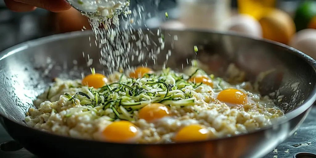 Close-up of zucchini oatmeal pancake batter being mixed, showcasing shredded zucchini, oats, eggs, and seasonings. A healthy, hearty breakfast option.