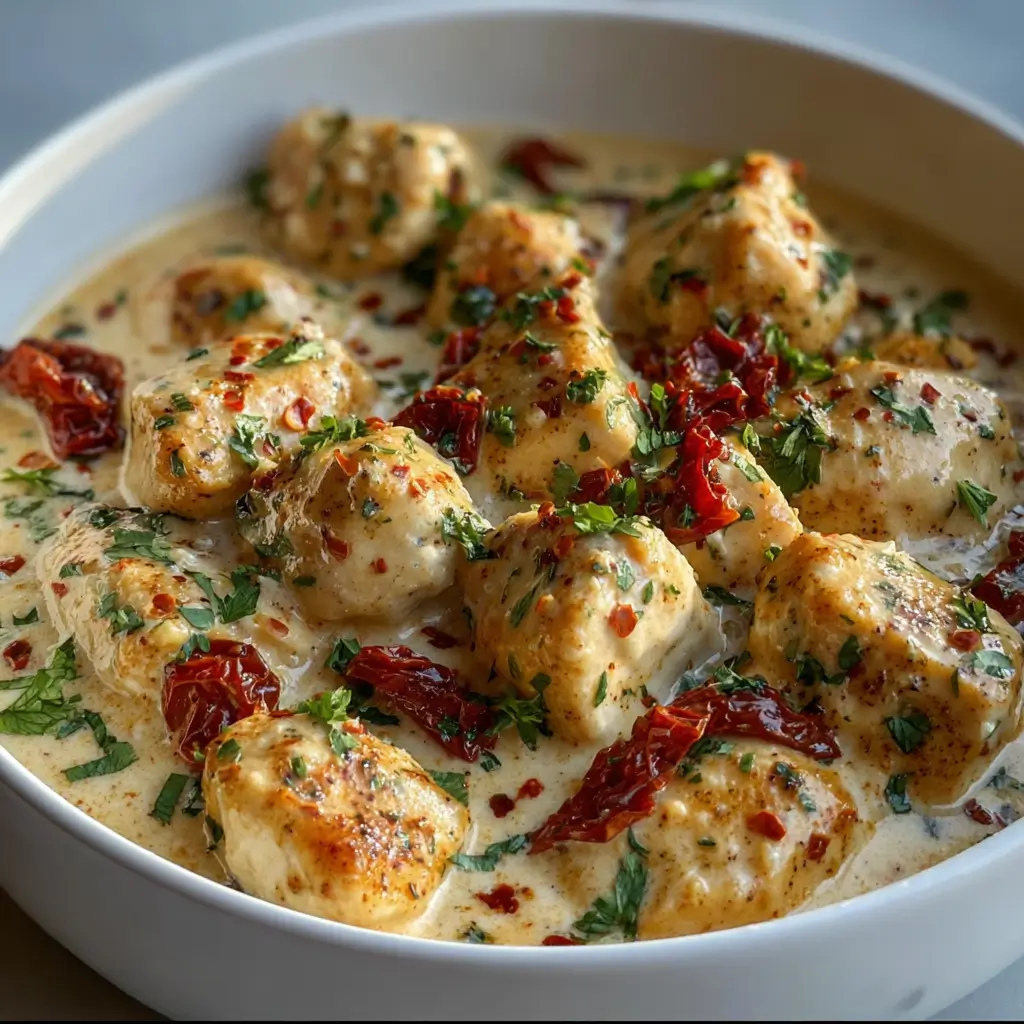Creamy Marry Me Chicken served in a white bowl with sun-dried tomatoes and fresh herbs