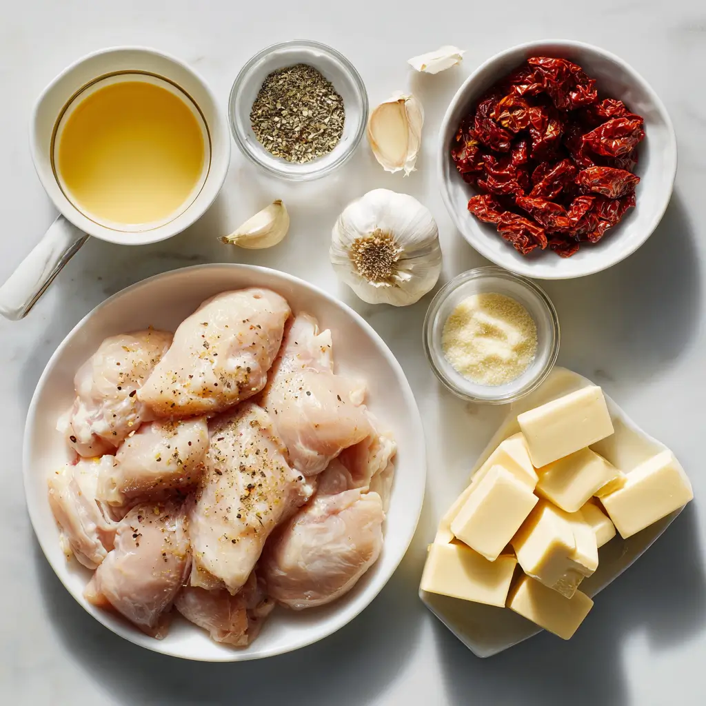 Flat lay of Marry Me Chicken ingredients including chicken breasts, sun-dried tomatoes, cream, garlic, and Parmesan