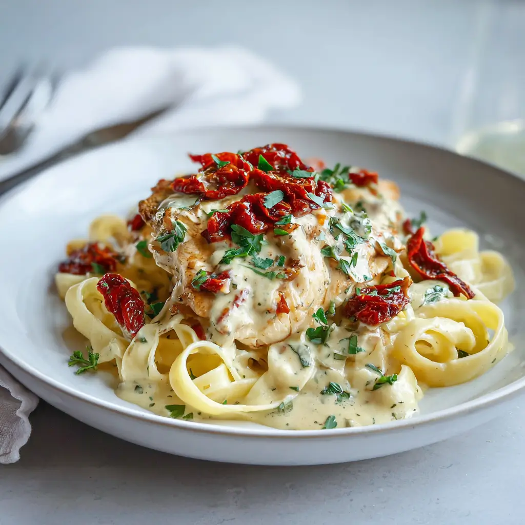 Plate of Marry Me Chicken served over fettuccine pasta with creamy sauce and herbs