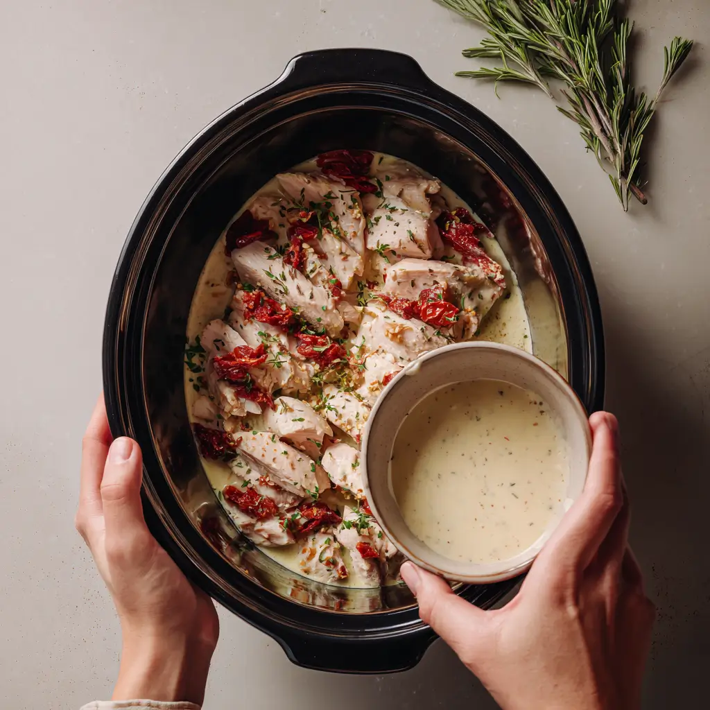 Cream sauce being poured over chicken in a crockpot for Marry Me Chicken preparation