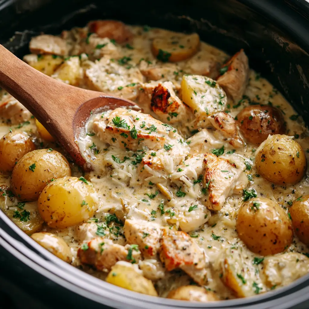 preparing slow cooker garlic parmesan chicken and potatoes in kitchen