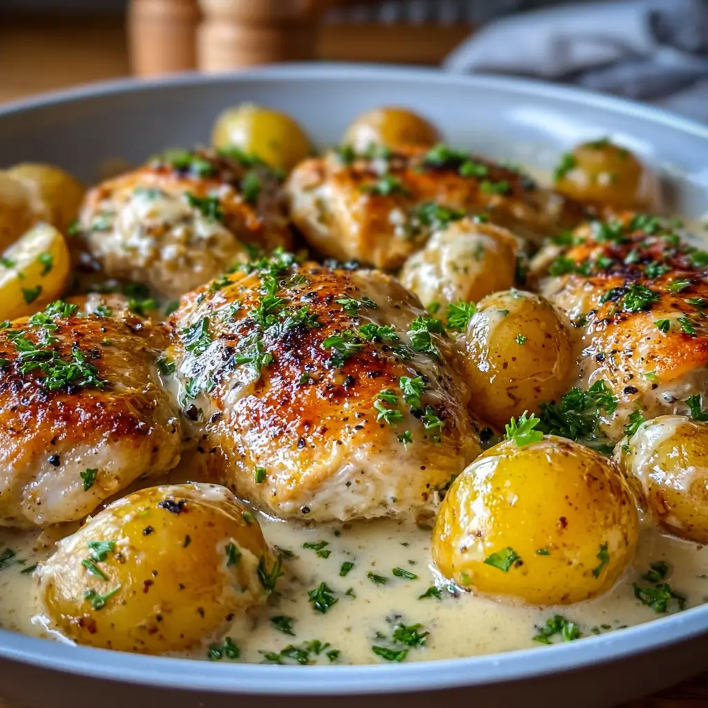 final slow cooker garlic parmesan chicken and potatoes served in creamy sauce