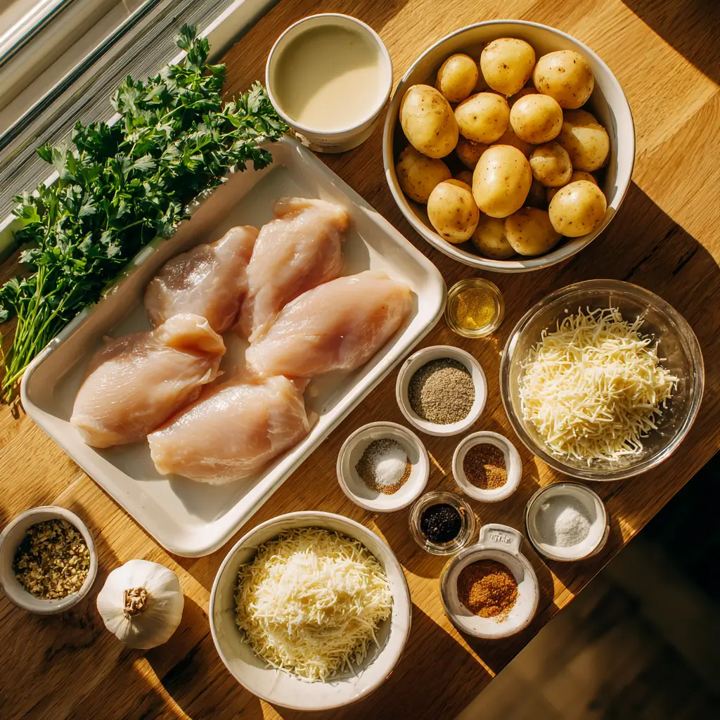 ingredients for slow cooker garlic parmesan chicken and potatoes overhead