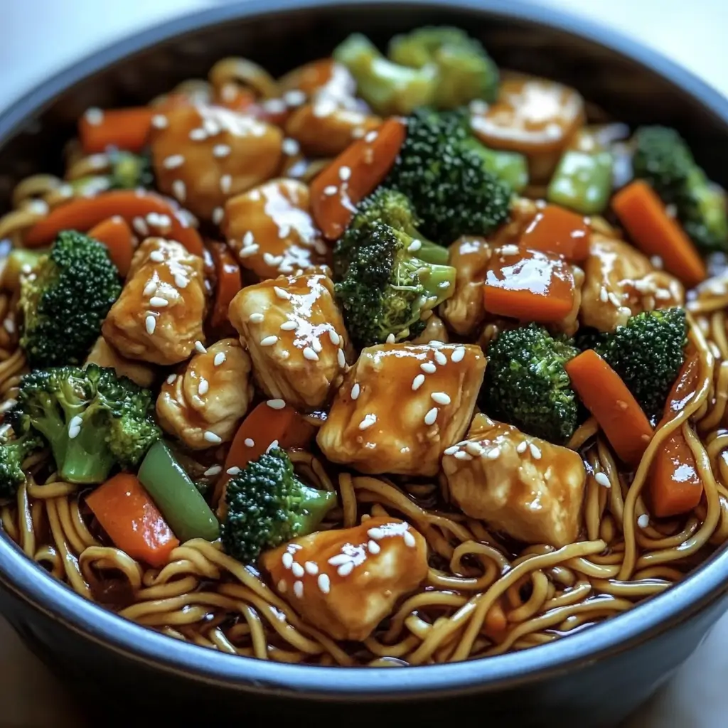 Crockpot chicken lo mein with noodles, veggies, and sesame seeds in a rustic bowl