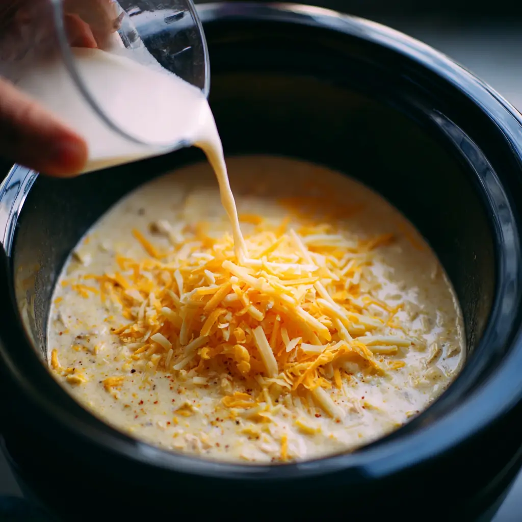 Hand adding milk and shredded cheese to cooked chicken corn chowder in a slow cooker