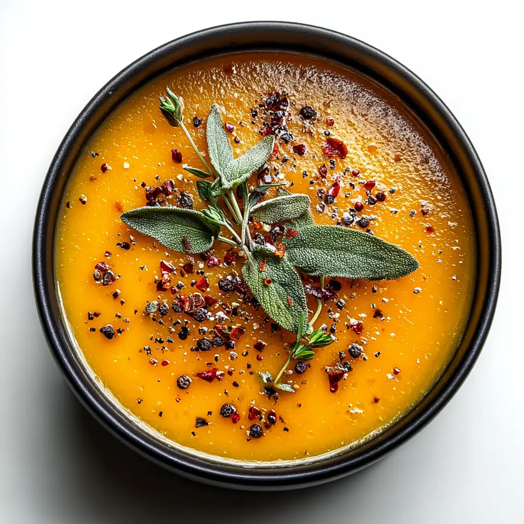 Smooth butternut squash soup in a black bowl, garnished with cracked black pepper, red pepper flakes, sage leaves, and thyme sprigs