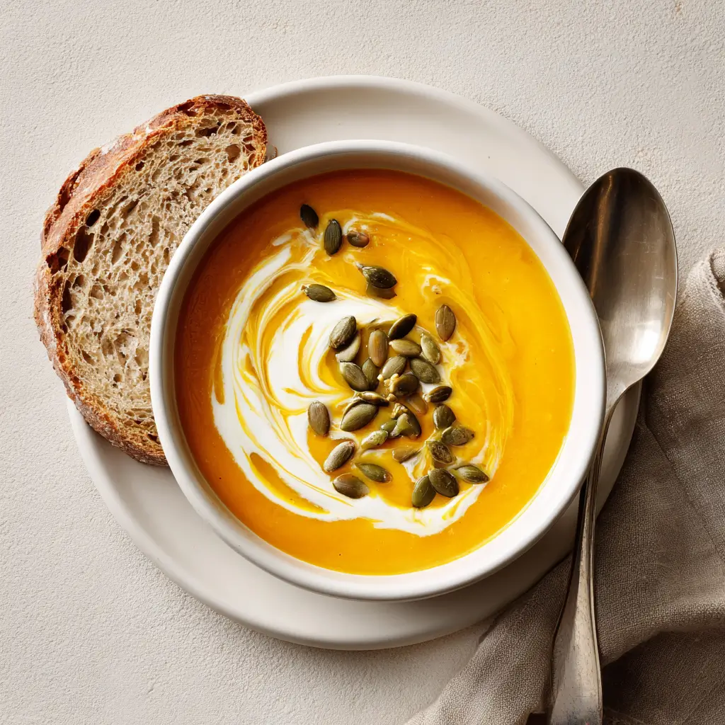 Bowl of butternut squash soup with crusty sourdough bread, cream swirl, and pumpkin seeds on a white plate