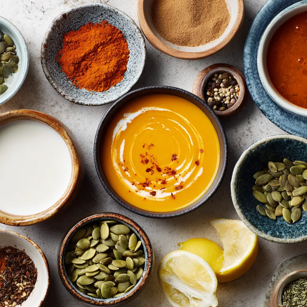 Optional toppings and spices for butternut squash soup including nutmeg, paprika, coconut milk, and pumpkin seeds on a clean kitchen counter