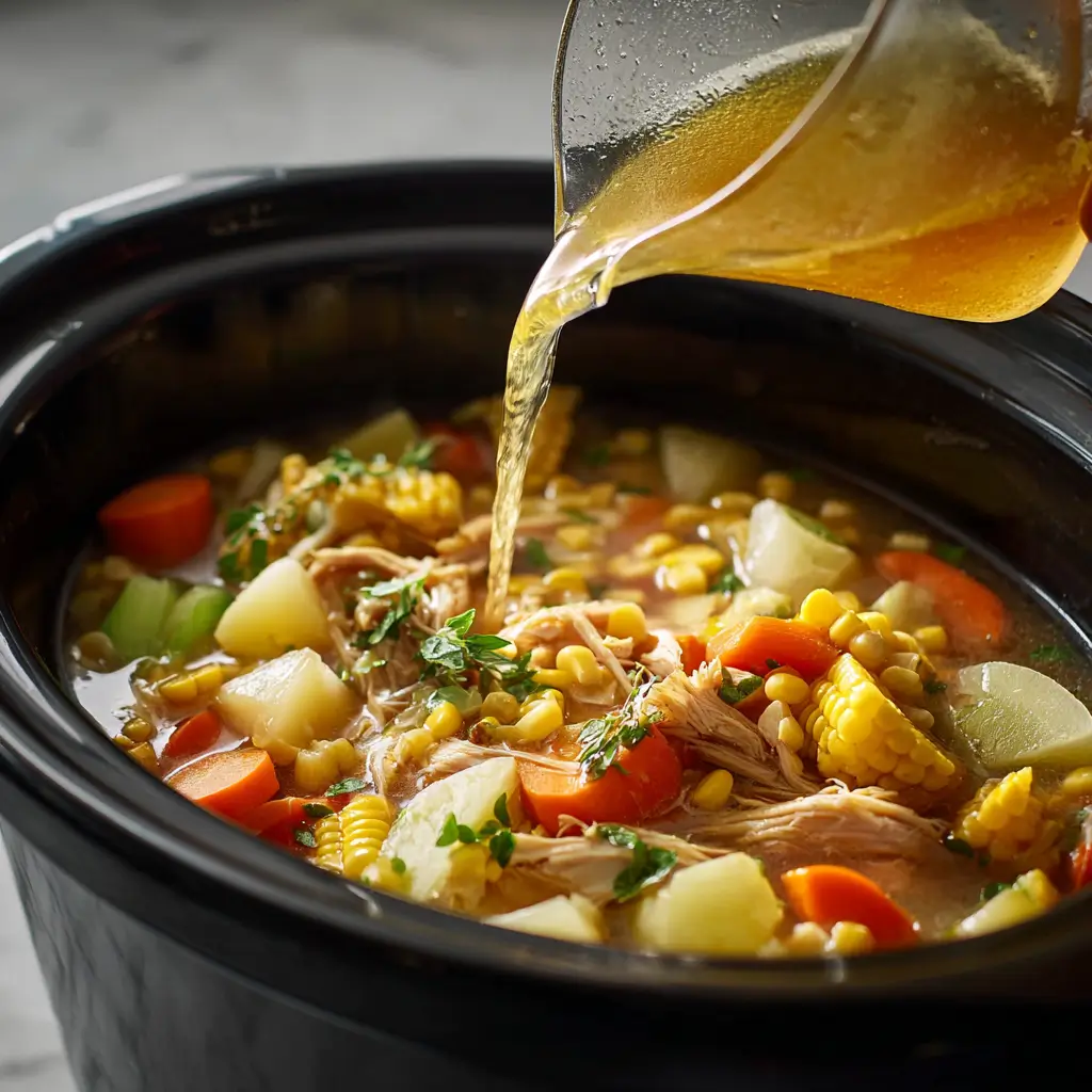 Pouring chicken broth into a slow cooker with chicken and vegetables for corn chowder