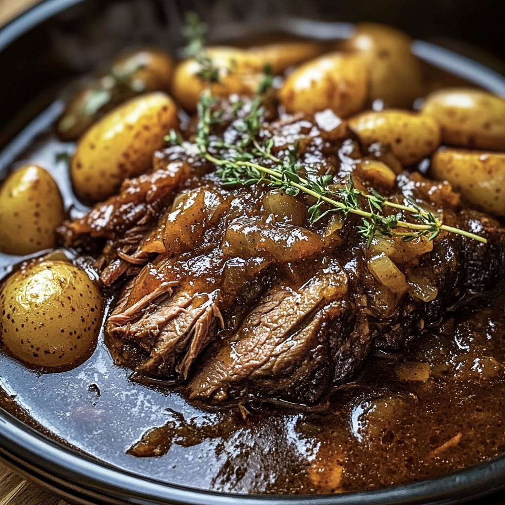 Crockpot apple cider pot roast with tender beef and potatoes in cider gravy