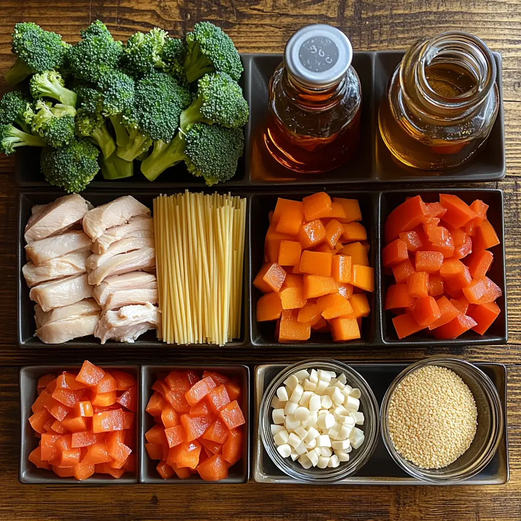 Raw ingredients for crockpot chicken lo mein on a counter