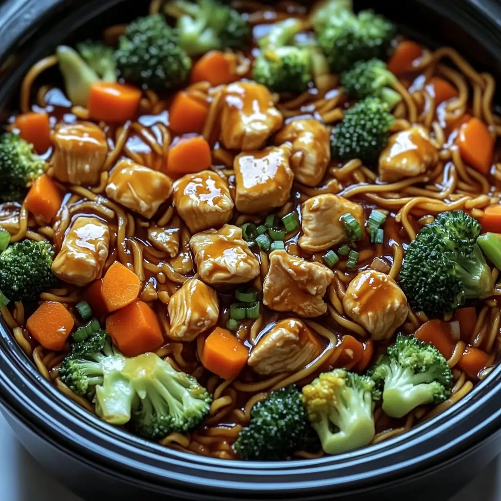 Crockpot Chicken Lo Mein ingredients in a slow cooker