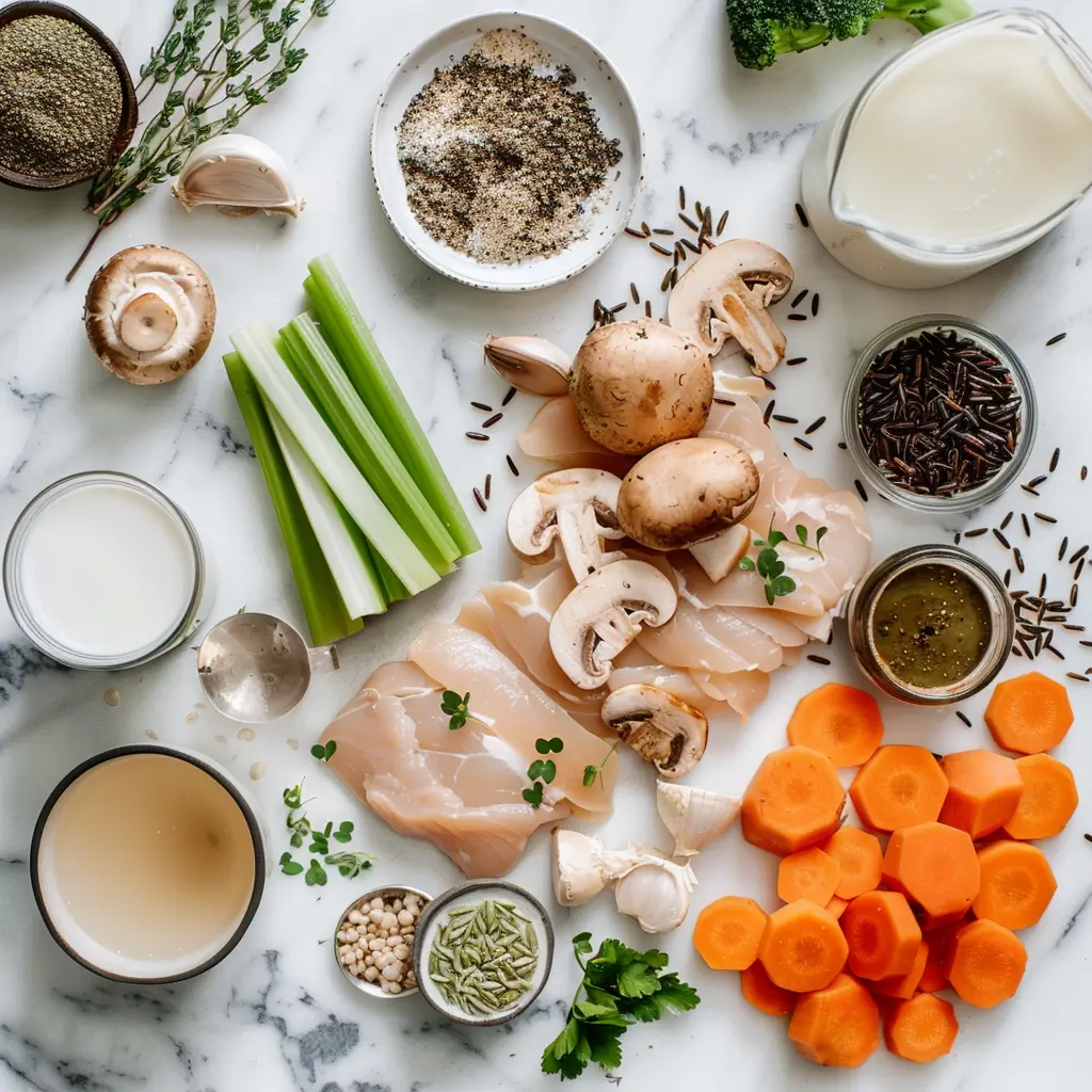 Ingredients for Crockpot Creamy Chicken & Mushroom Wild Rice Soup arranged on a white surface