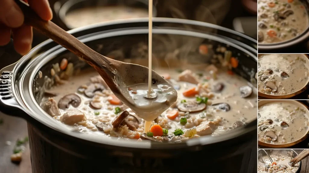 Step-by-step process of making Crockpot Creamy Chicken & Mushroom Wild Rice Soup