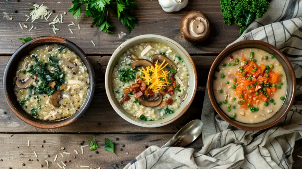 Different variations of Crockpot Creamy Chicken & Mushroom Wild Rice Soup in bowls