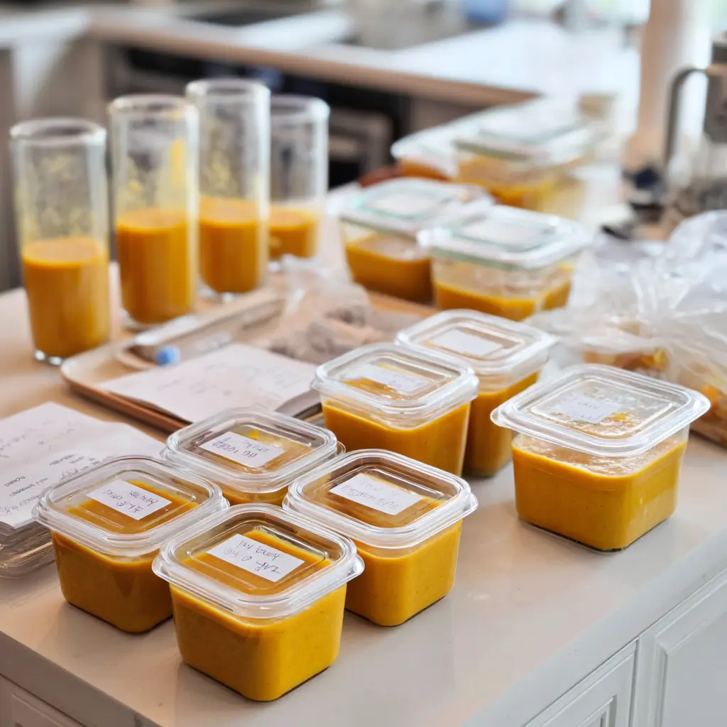 Portioned butternut squash soup in labeled freezer-safe containers and silicone cubes on a kitchen counter, ready for freezing