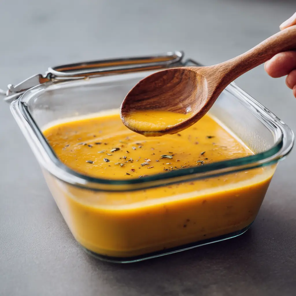 Leftover butternut squash soup in a saucepan being stirred with a wooden spoon on a stove