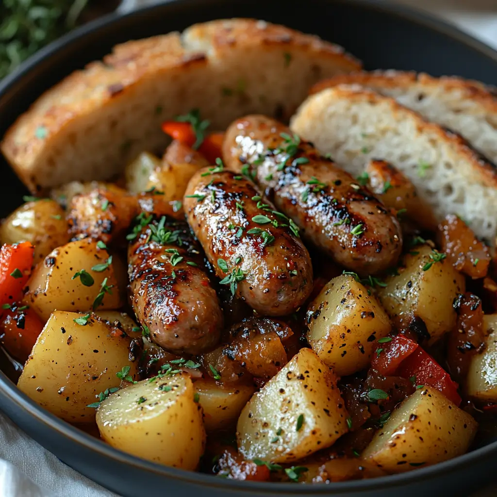 rockpot Sausages with Potatoes & Peppers served with toasted crusty bread