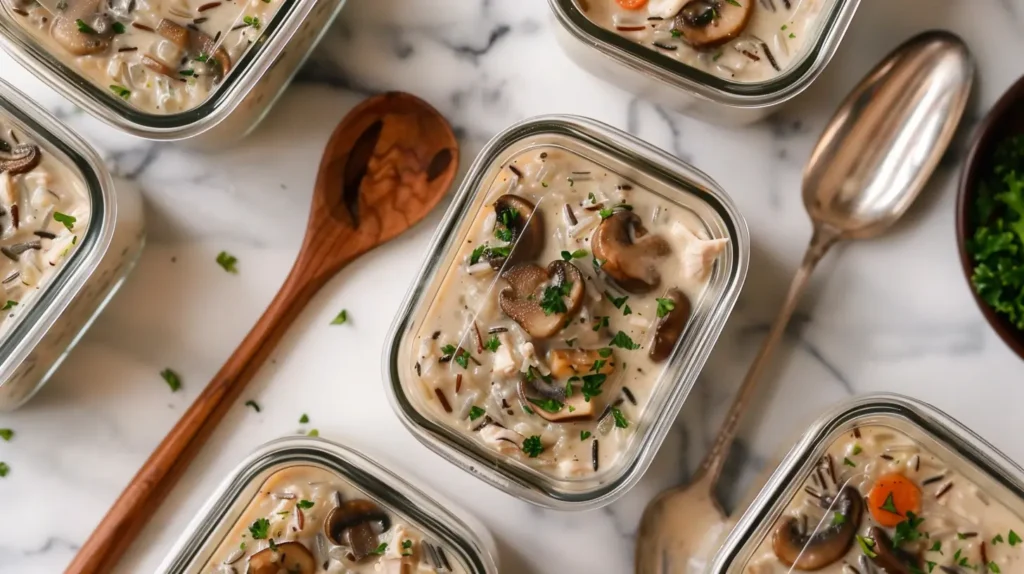 Stored Crockpot Creamy Chicken & Mushroom Wild Rice Soup leftovers in glass containers