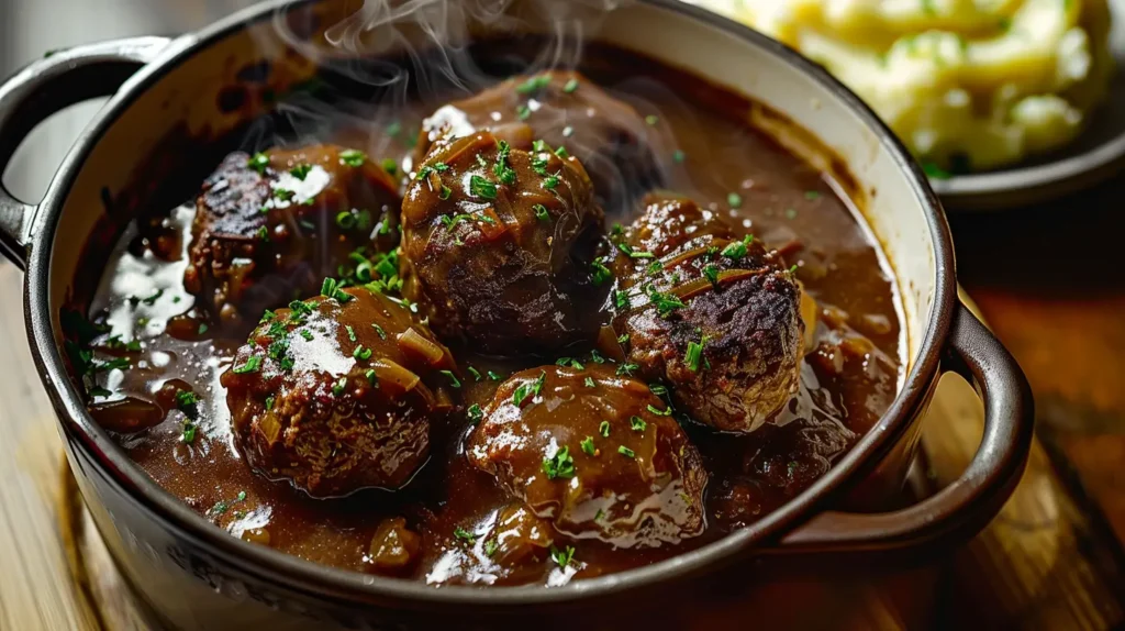 Salisbury Steaks Crockpot simmering in rich brown gravy inside a slow cooker