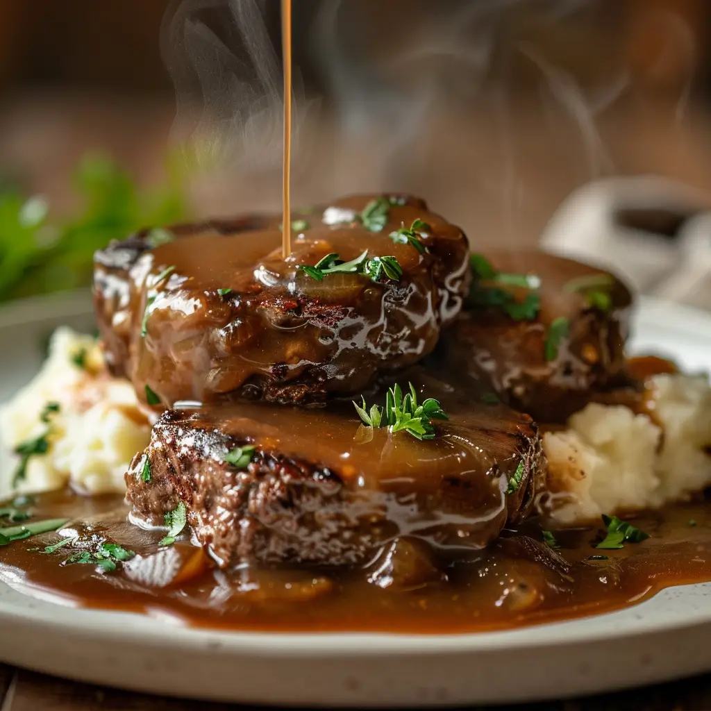 Salisbury Steaks Crockpot served with mashed potatoes and gravy