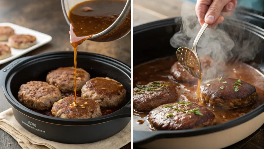 Step-by-step process of making Salisbury Steaks Crockpot with gravy