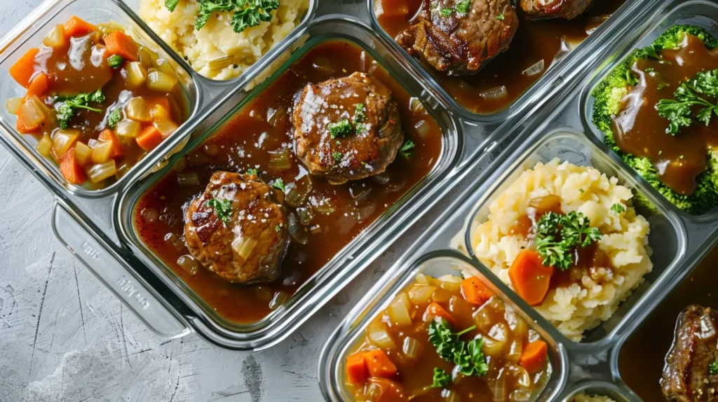 Stored Salisbury Steaks Crockpot leftovers in glass containers