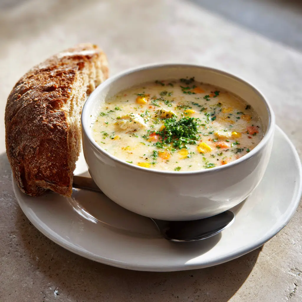 Bowl of chicken corn chowder served with crusty bread on a clean white plate