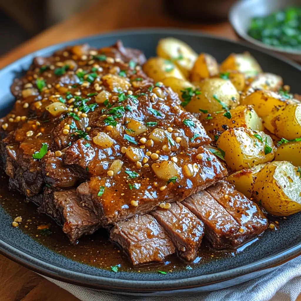 Serving in a plate Slow-cooked apple cider pot roast with potatoes