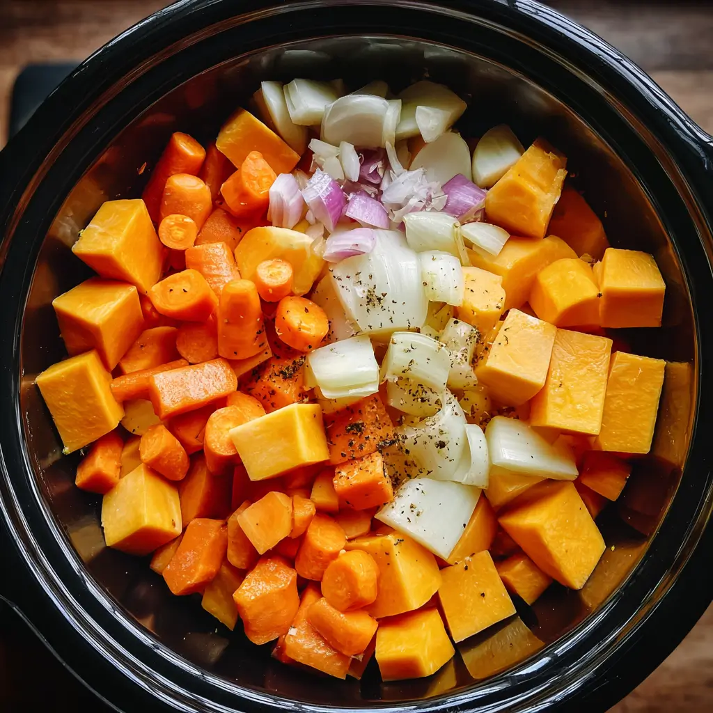 Chopped butternut squash, carrots, apple, onion, and garlic inside a slow cooker before cooking butternut squash soup