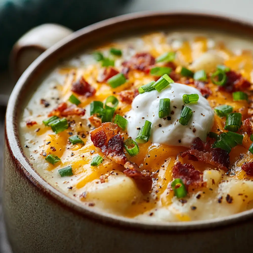 slow cooker loaded baked potato soup with cheese bacon and sour cream