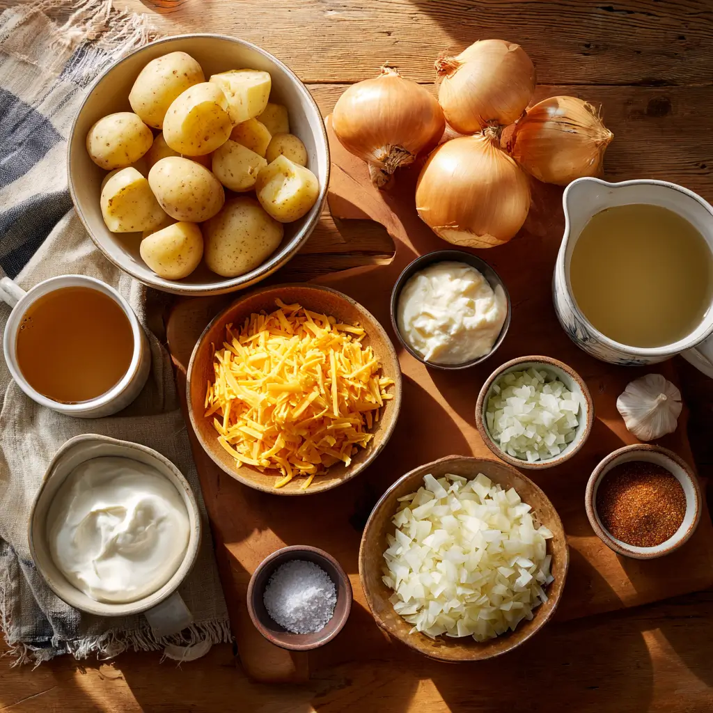 Ingredients for Slow Cooker Loaded Baked Potato Soup including potatoes, cheddar, sour cream, and broth